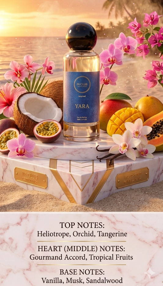 Perfume bottle labeled 'Yara' with tropical fruits and flowers on a decorative stand.